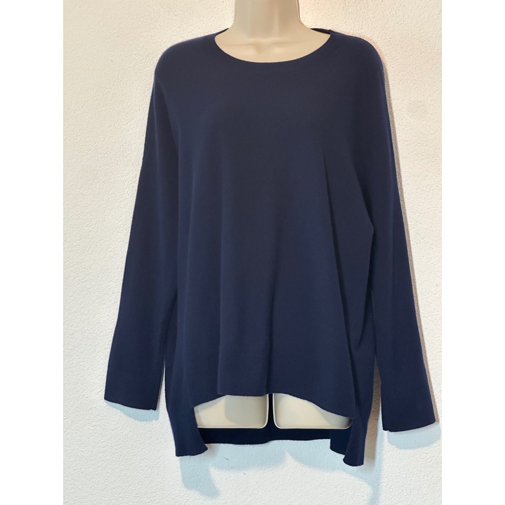 Eileen Fisher Navy Blue Wool Blend High-Low Crew Neck Sweater Size Medium F18RXA